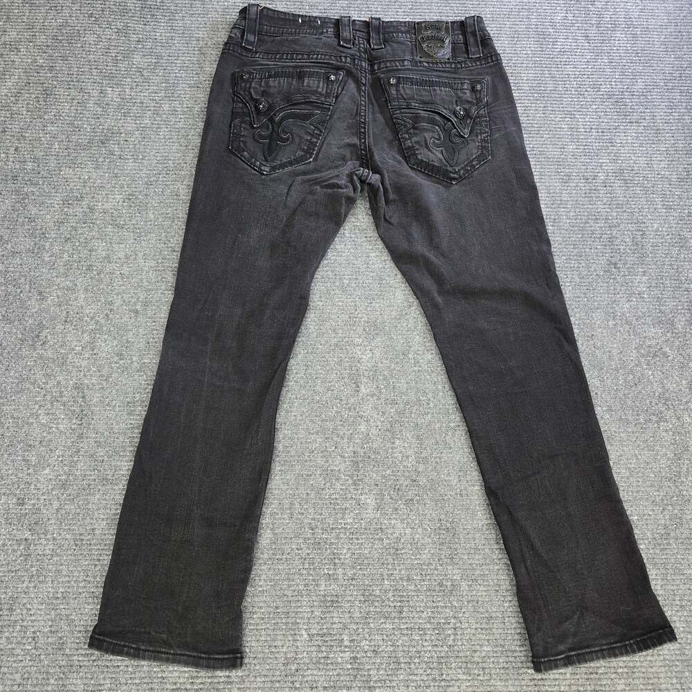 Rock Revival Kemel Straight Jeans Mens 36x32 Black Gray Flap Pocket Denim